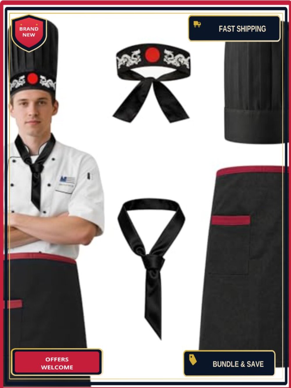 Hibachi Chef Hat Apron Set 4-Piece Japanese Chef Costume Adult